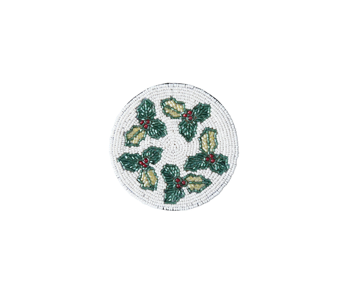 Hand-sewn Embroidery Seed Beaded Coasters | Red Berry Foliage Christmas Design | Payton James Holiday Table Decor