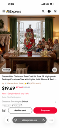 AliExpress listing screenshot showing a decorated tabletop Christmas tree and the selected 24-inch size