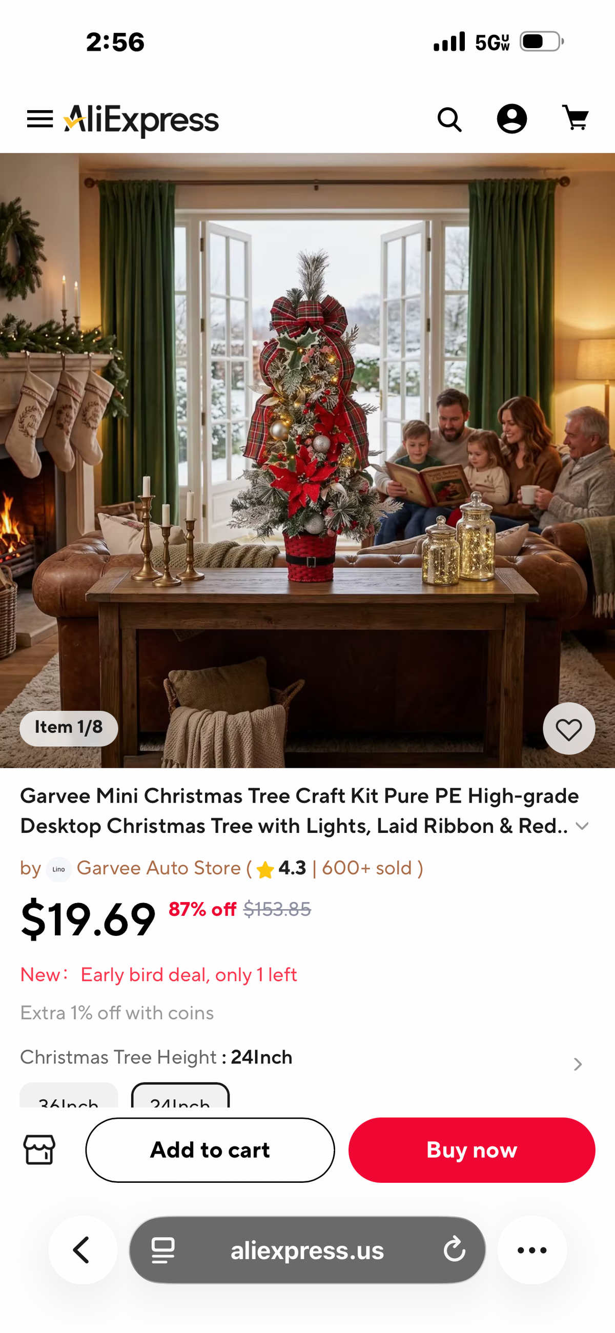 AliExpress listing screenshot showing a decorated tabletop Christmas tree and the selected 24-inch size