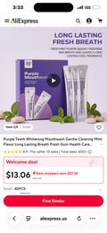Purple mint mouthwash supplier screenshot showing sachets and packaging