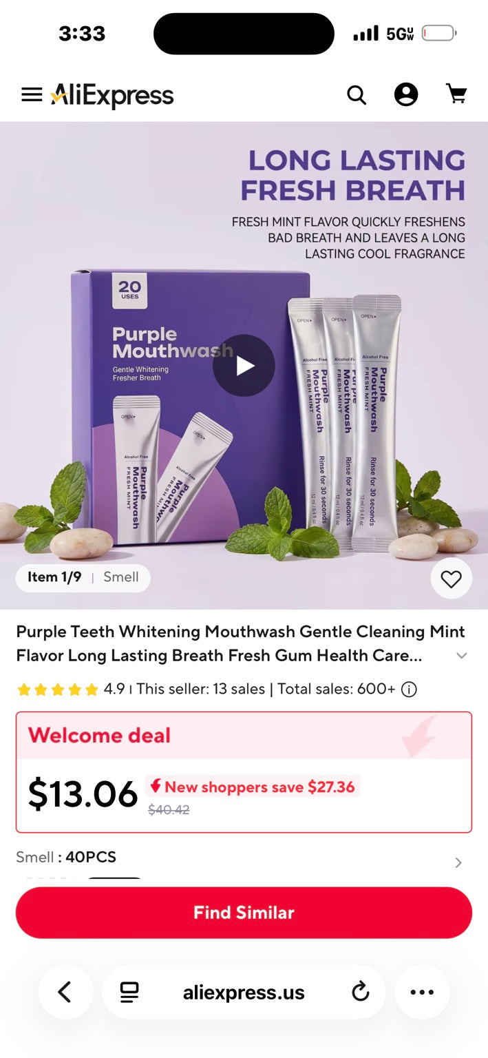 Purple mint mouthwash supplier screenshot showing sachets and packaging